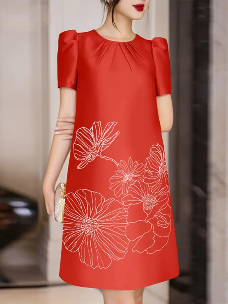 elegant womens floral print satin dress knee length puff Temu