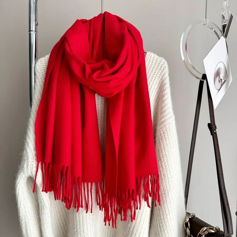 

Luxurious Red Scarf With Tassel Detail - Soft, Warm, Embroidered , Shawl For All