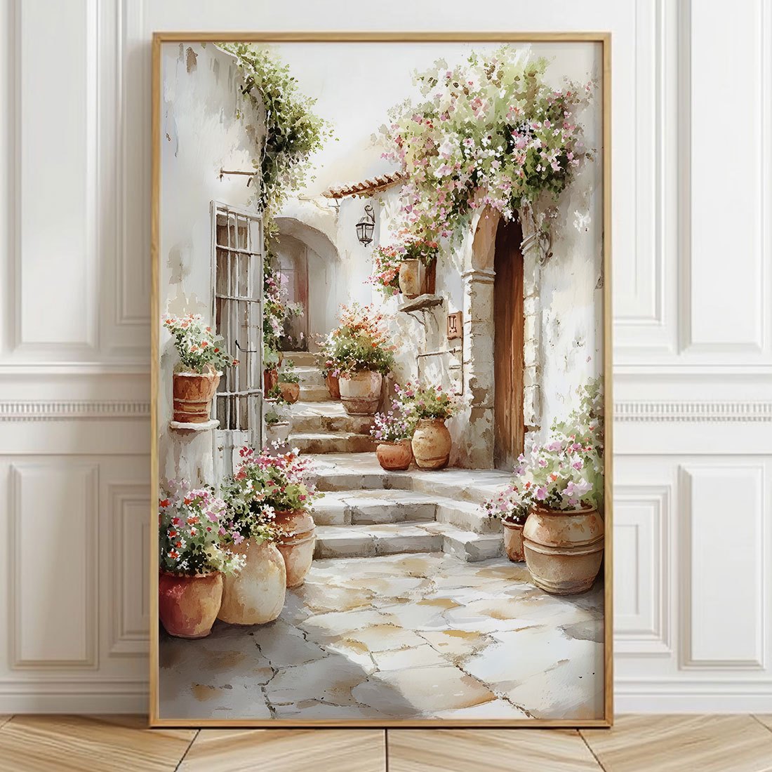 TEMU 2d Flat, 2d Flat, 1pc Watercolor Canvas Artwork Featuring A Courtyard, Depicting A Seaside Villa, Ideal For Wall Decoration. This Art Is Perfect