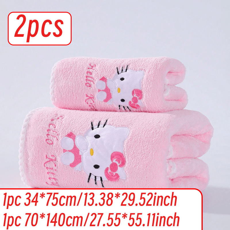 Image of 2pcs Set 1pc 34*75cm+1pc 70*140cm Cute For Hello Kitty Embroidered Towel Fiber Coral Fleece Soft Absorbent No-fuzz Wash Hair Cloth Hand Towel Home Face Wash Bath Towel Bath Towel Set, Wash Cloths