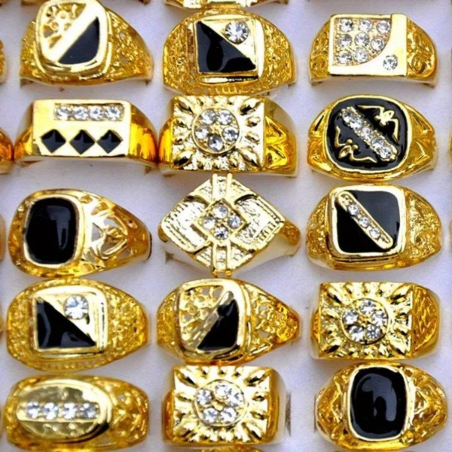 

10pcs Set Of Trendy Jewelry Featuring Czech Rhinestones And Enamel, Gold-plated Rings For Men And Women.