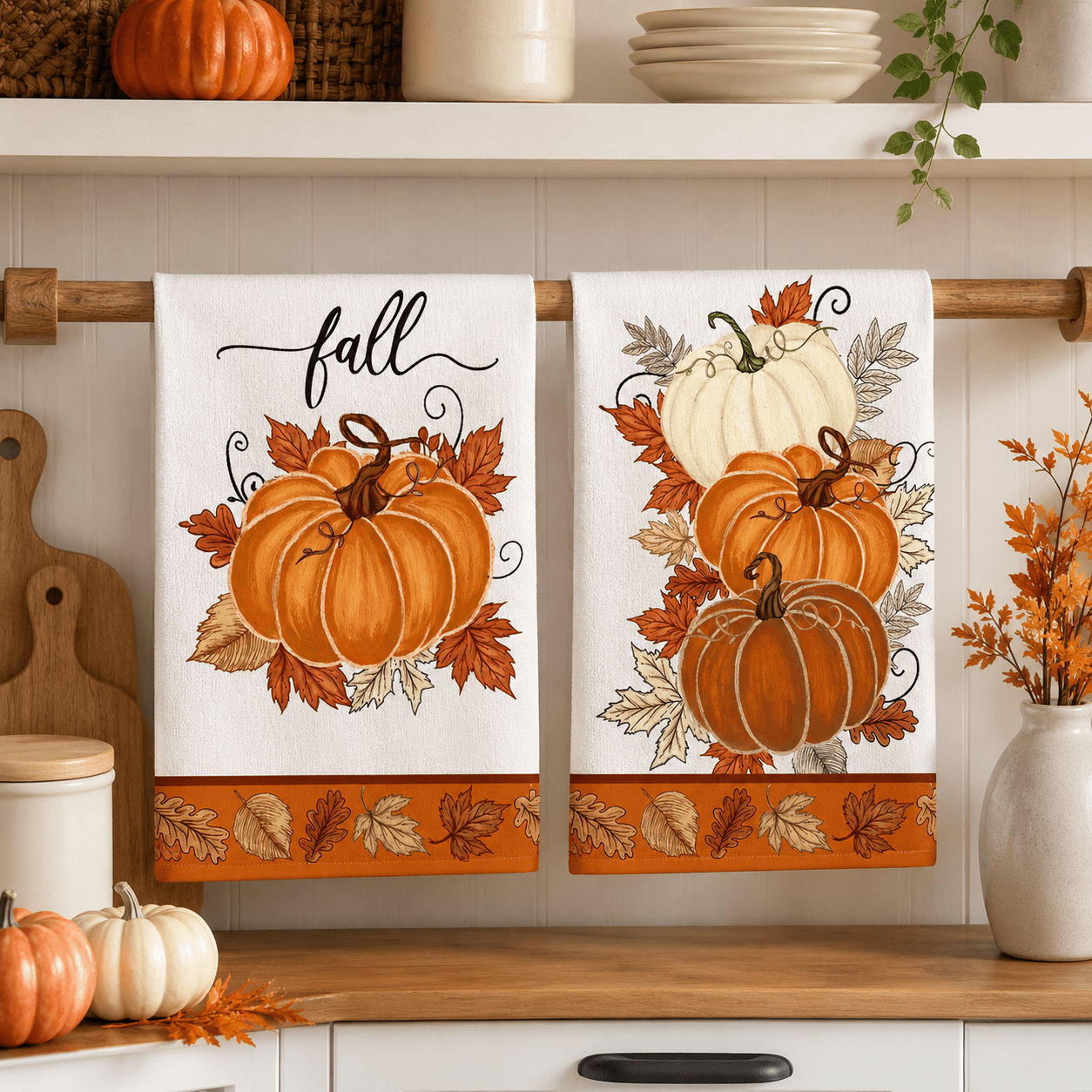 TEMU 2 Orange Pumpkin Maple Leaf Pattern Kitchen Towels, Scouring Pads, And Dishcloths; Fall Pumpkin Print Decorative Kitchen And Dining Table