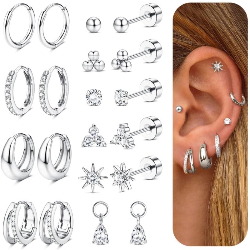 Image of 2d Flat, 10pairs Flat Back Earrings For Women Hypoallergenic Surgical Steel Earring Silvery Golden Hoop Stud Earrings Set Sleeper Cartilage Helix Earring Rook Conch Tragus Helix Piercing Jewelry