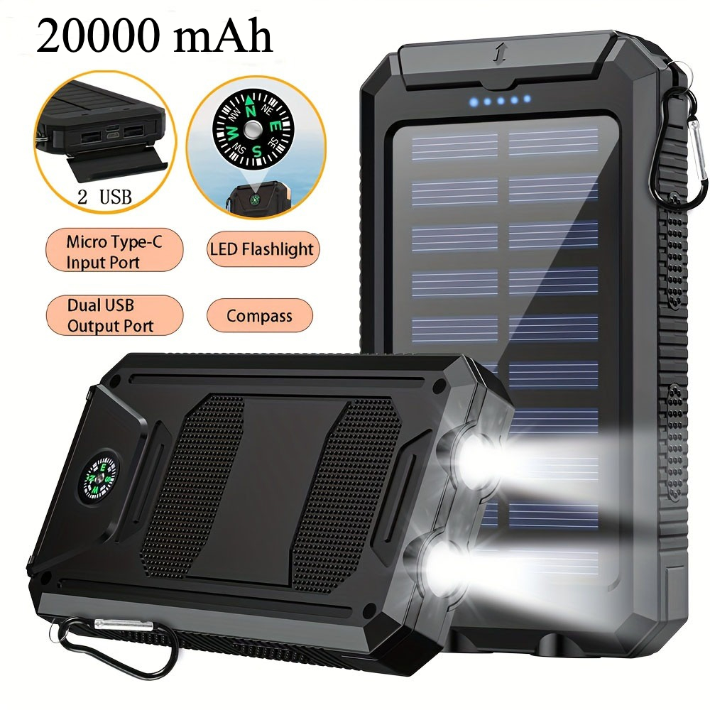 20000mah Portable Solar Power Bank, Portable Solar Mobile Phone Charger, Camping External Battery Charger For Mobile Phones, 2 Usb/ Led Flashlights With Compass For Outdoor Activities
