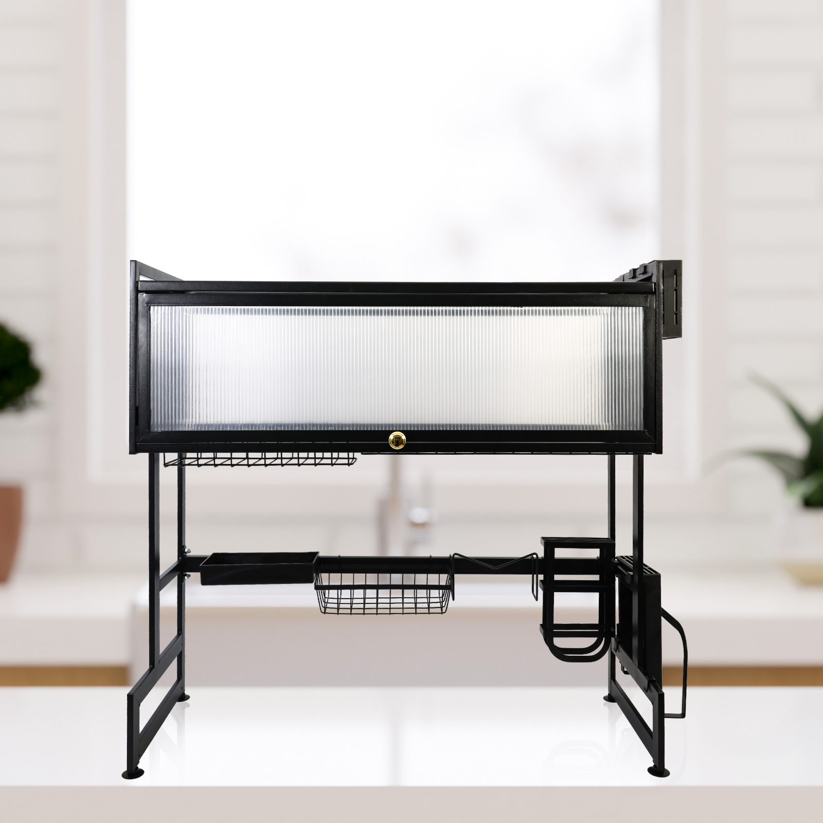 Two-tiered Steel Dish Drying Rack With Cover For Kitchen Sink, 85cm Luxury Household Dish Drain Shelf