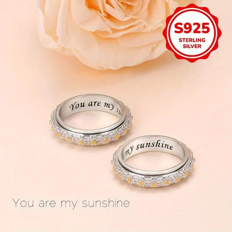 trendy rotatable anxiety rings two tone 925 sterling silver rings for women casual holiday daisy flower rings jewelry Product details 4