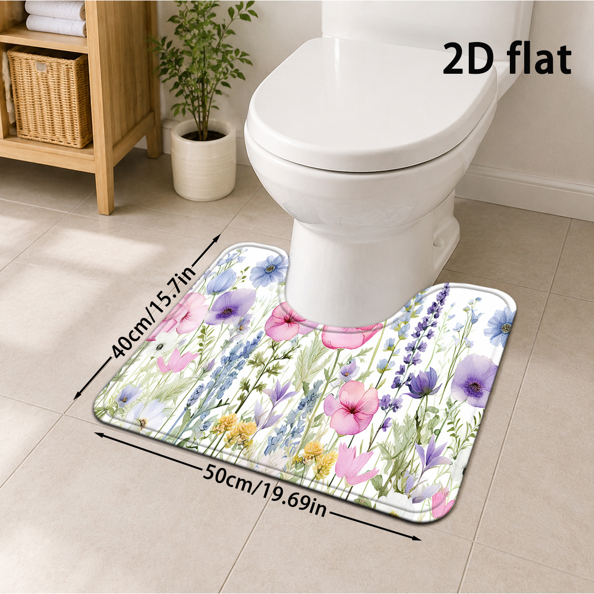 TEMU 2d Flat, 2d Flat 1pc Pink-purple Watercolor Floral Lavender Daisy Pastoral -style Romantic Bathroom Mat, Spring Bohemian Vintage Holiday Floor