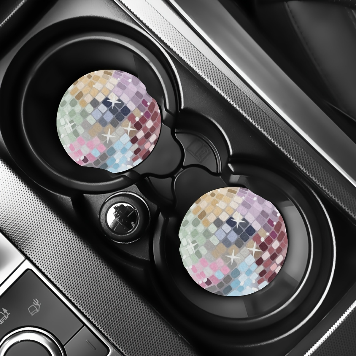 2pcs Disco Ball Pattern Absorbent Car Coaster-unisex Car Interior Design Accessories, Suitable For Car Interior And Household Desk Water Cup Coaster