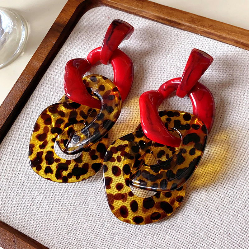 TEMU 2pcs Retro Fashion Style Geometric Leopard Square Red Curry Women's Earrings For Music Festival Party