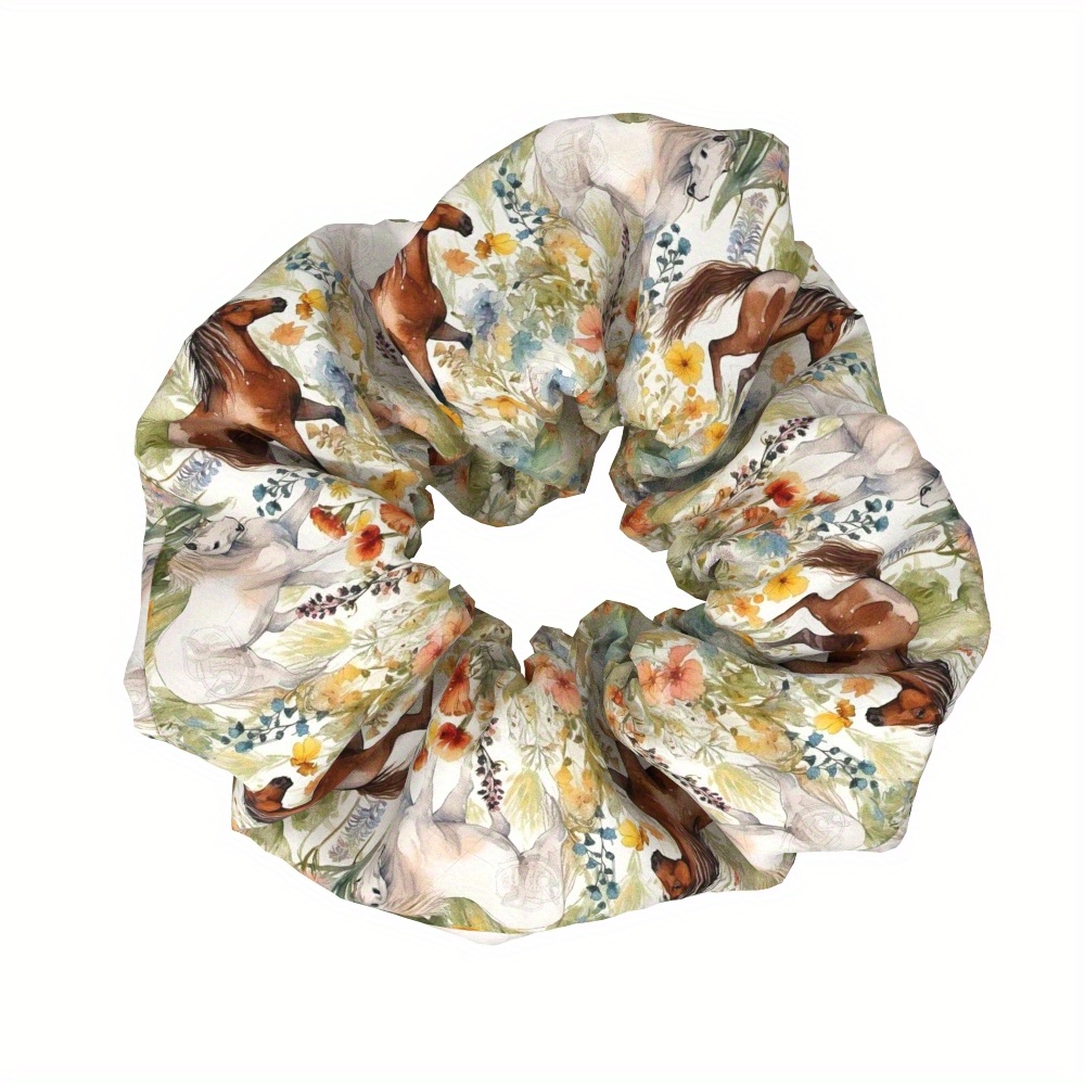 TEMU 1pc Elegant Horse Print Fabric Scrunchie For Women - Animal Design, Hair Tie, Ideal Gift For Parties & Casual Attire, Hair Accessory||soft