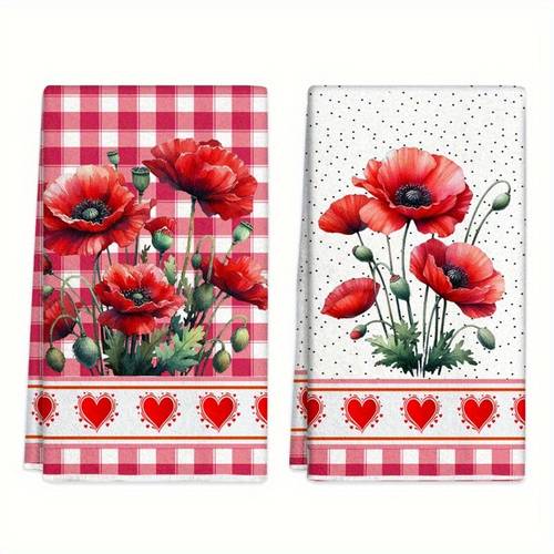 2pcs red plaid poppy cleaning cloths kitchen towels super absorbent suitable for cooking baking dish drying soft dish towel suitable for housewarming gifts birthdays bathroom bar decor machine washable multipurpose cloth