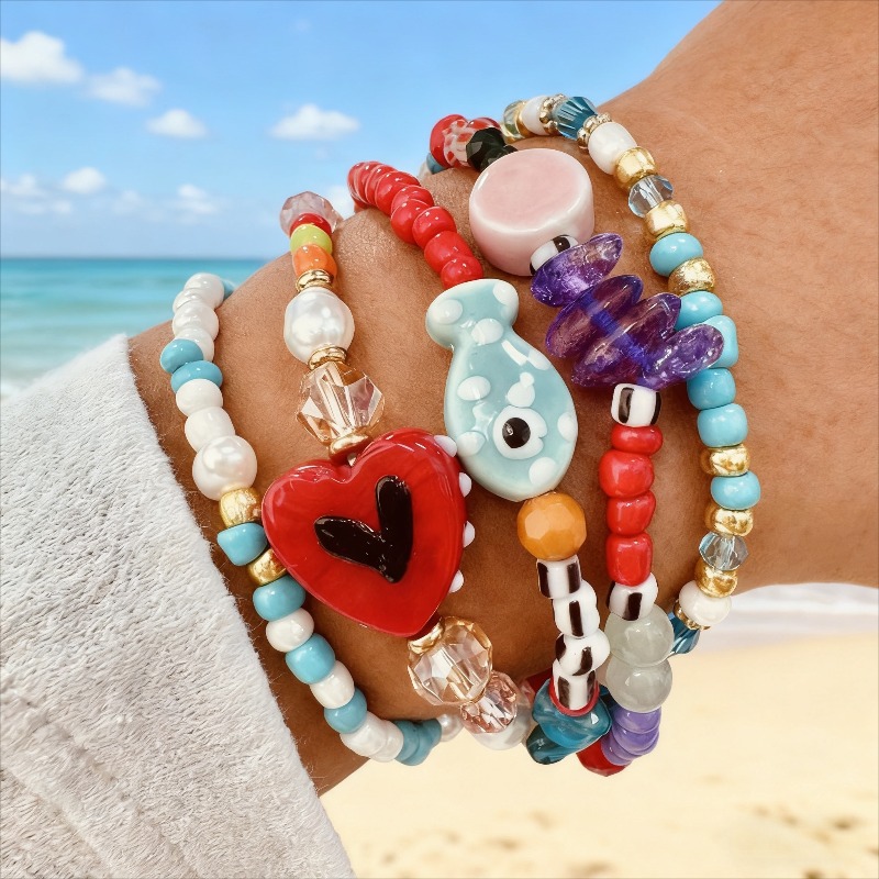Image of 5pcs Women's Bohemian Versatile Ceramic Small -shaped Stone Rice Bead Tassel Bracelet Suitable For Daily Vacation Wear