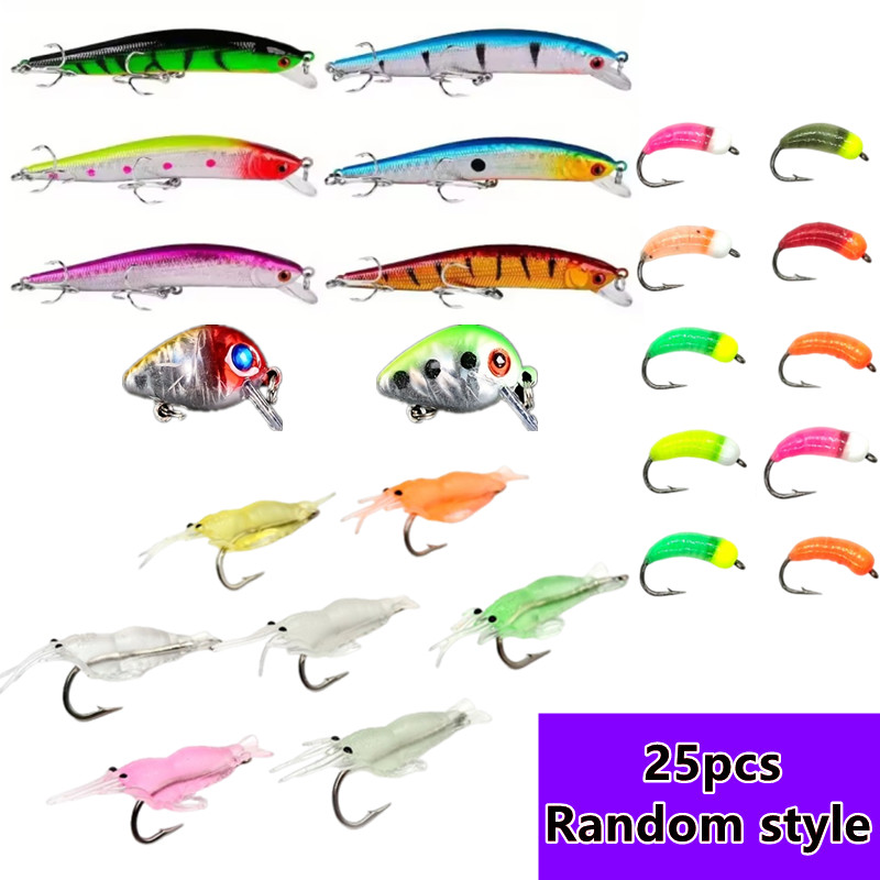 TEMU 25pcs Random Style Fishing Lure Set, Including And Shrimp Bait, Carp Bouncing Bait, Fishing Bait, Mixed Hard Bait, Suitable For , Sea , And