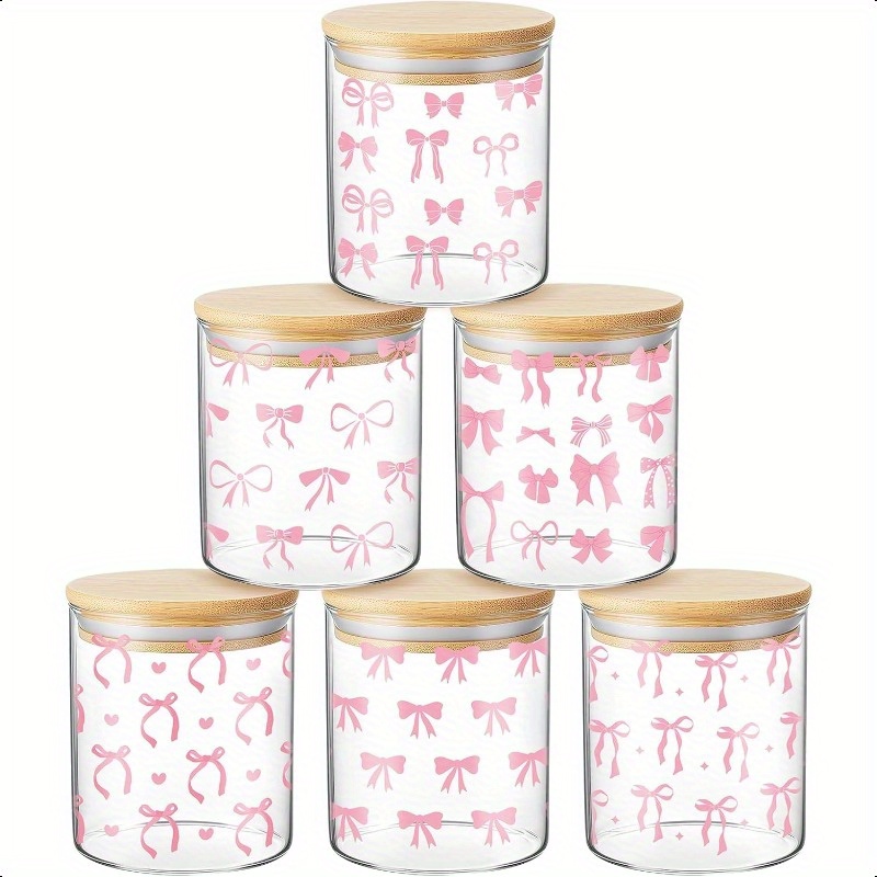 pink bow glass storage jars airtight bamboo lids clear high - Temu