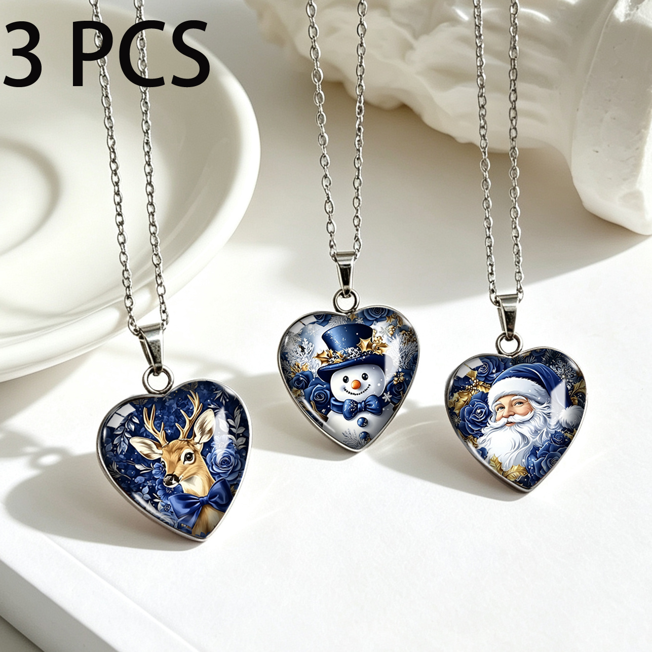 TEMU Parure de 3 en acier inoxydable de cœur à motif de , de Noël, de neige et Père Noël, collier décoratif de Noël unisexe