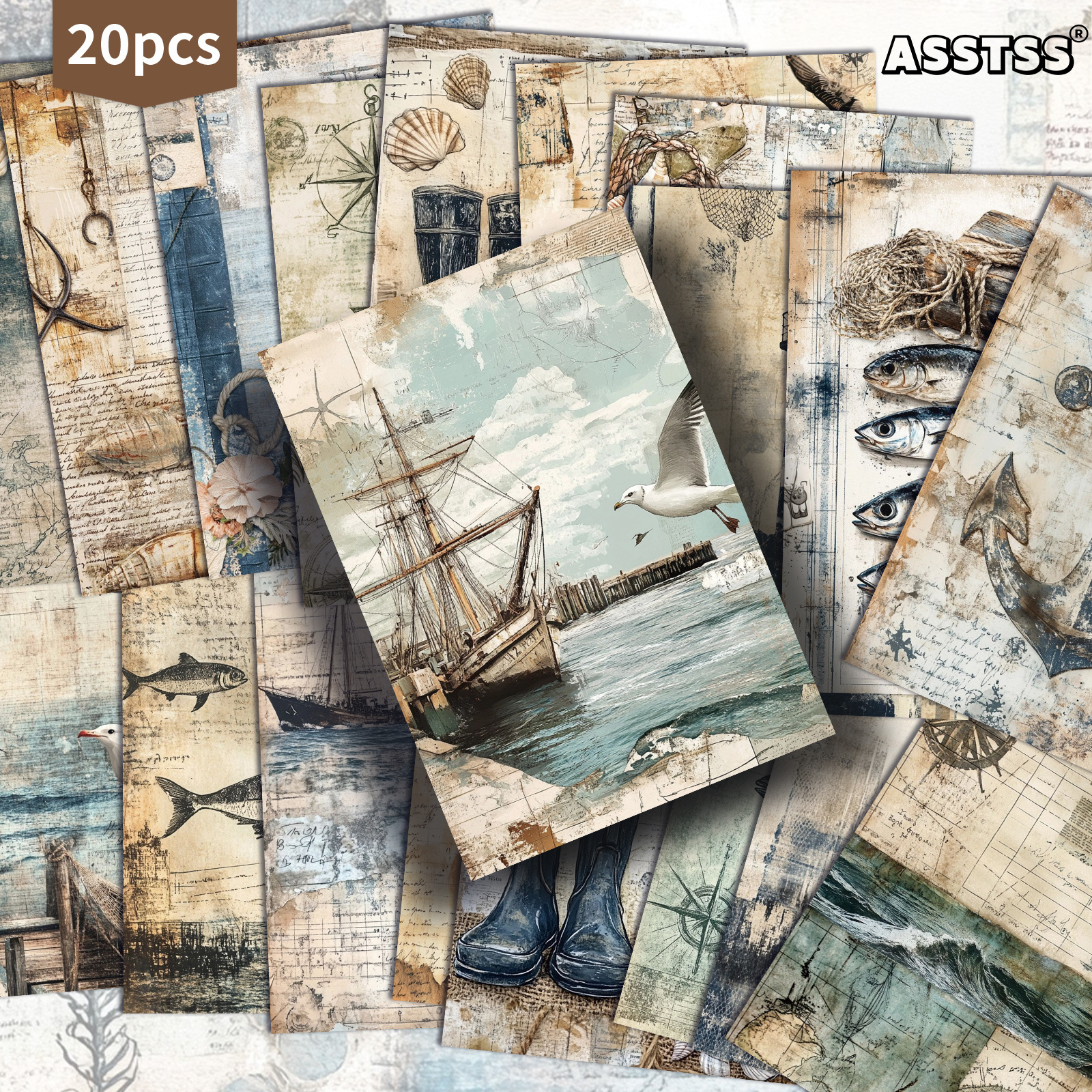TEMU 20-pack Asstss Nautical Retro Shell Anchor Lighthouse Pinup Cards - Vintage Maritime Junk Journal Pages With Collectible Lighthouse & Anchor
