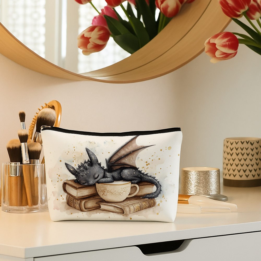 TEMU 1pc, Double-sided Printed Makeup Bag Background And Watercolor-style Sleeping Little Black Dragon, Book, And Coffee Cup Theme. Features A, Cute,