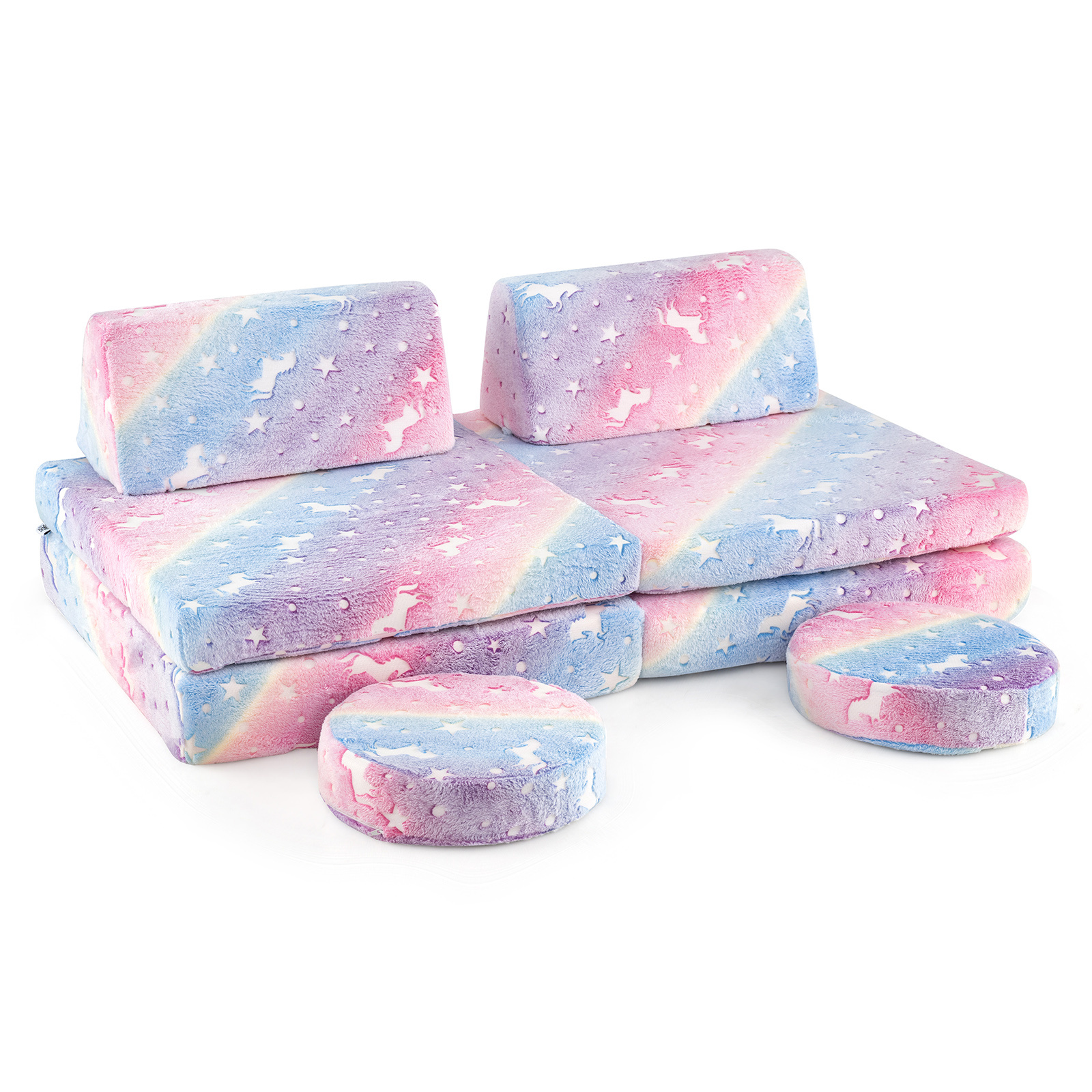 COSTWAY Modular Play Couch Set for Kids That Glows in The Dark, Foldable Sofa with Washable Flannel Covers, Easy-To-Carry Handles, And Convertible Foam Couch for Ages 3 And Up
