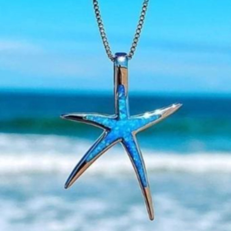 Image of Trendy Easy Inlay Blue Resin Starfish Pendant Necklace For Women Daily Dating Party Sea Beach Holidays Necklace Friend Gift