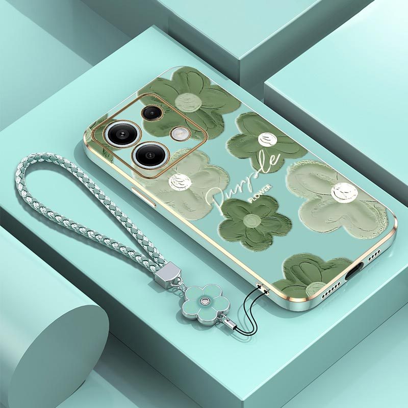 TEMU Phone Case: Green Flower Stylish For Redmi Note 13 Case With Electroplate Finish Featuring Shockproof For Casual