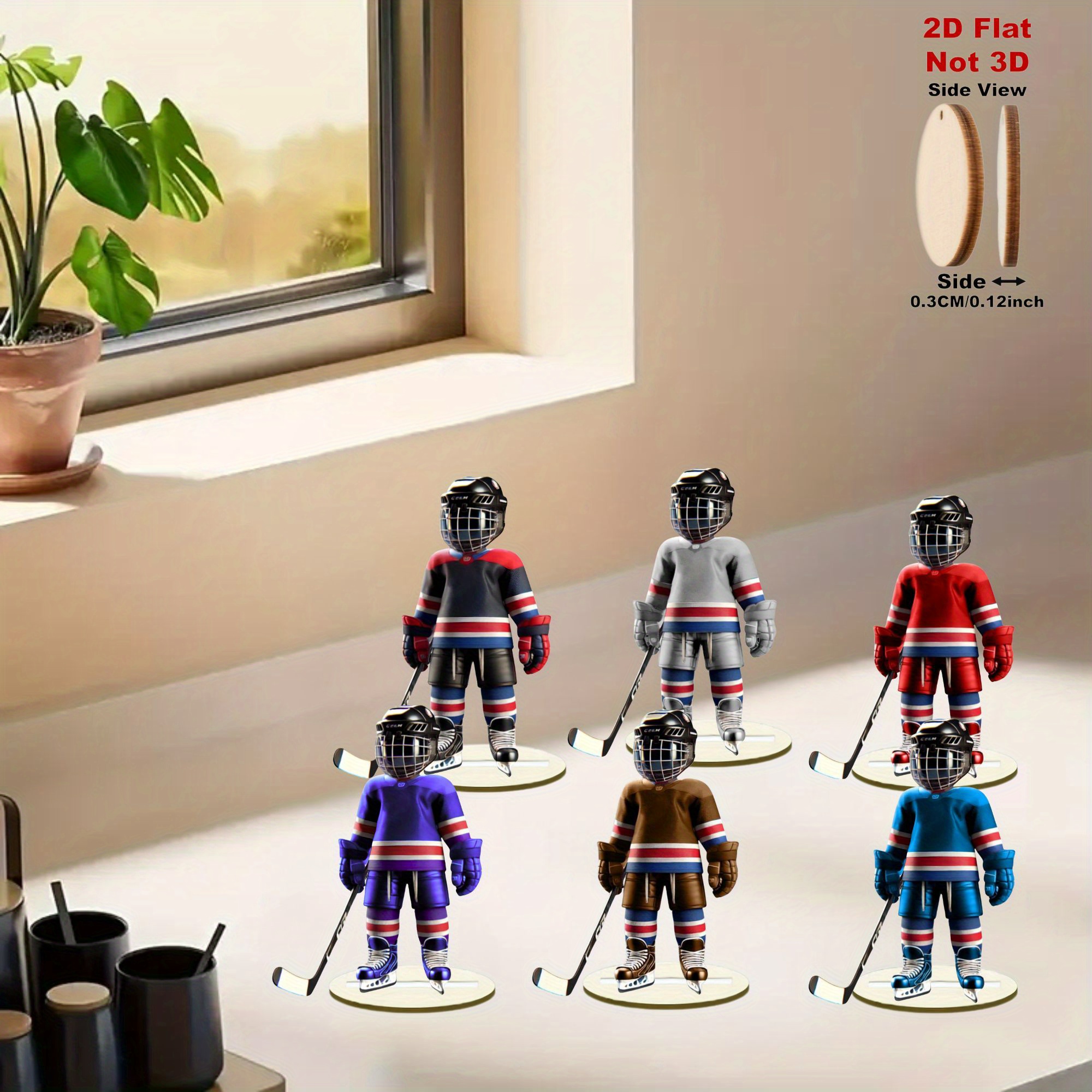 TEMU 2d Flat - 6 Wooden Decorative Pieces Of Ice Hockey Players In 2d, Featuring Vibrant Colors And Dynamic Kicking Poses, Suitable For Home, Office,