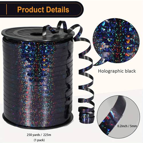 ., 228,6m wasserdichtes holografisches schwarzes lockenband - metallisches stoffband, für geschenkverpackung, ballons, hochzeiten, geburtstage, weihnachten - multifunktionales kunststoffoberflächenband, verwendet für blumensträuße und dekoration, dekoband