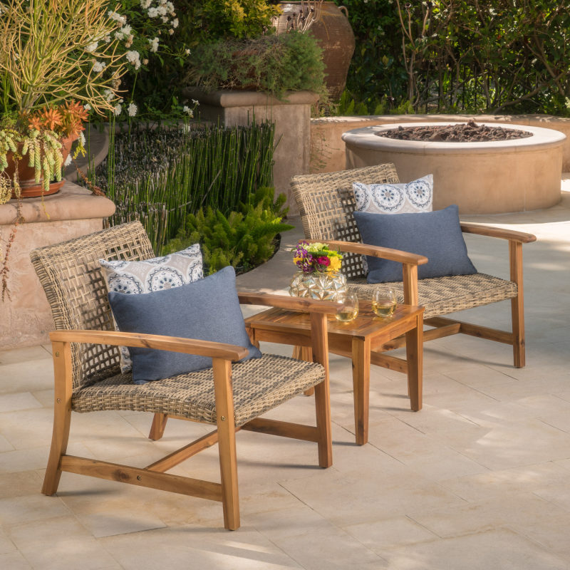 Outdoor Acacia Wood Wicker Club Chairs with Acacia Wood Frame, 2pcs Set