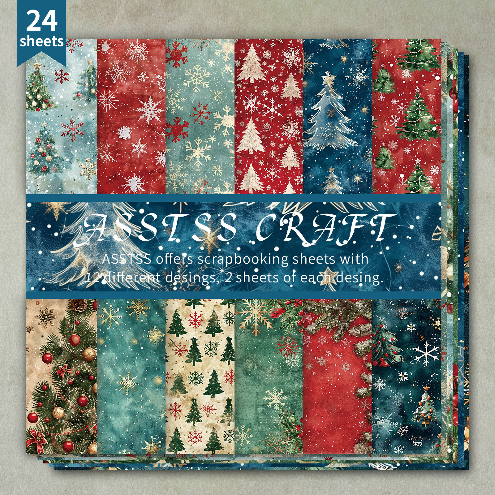 TEMU Bloc de papier scrapbooking de 24 feuilles avec de Noël rétro, fabriqué en carton épais adapté au journaling, à de collage, aux cartes de vœux,