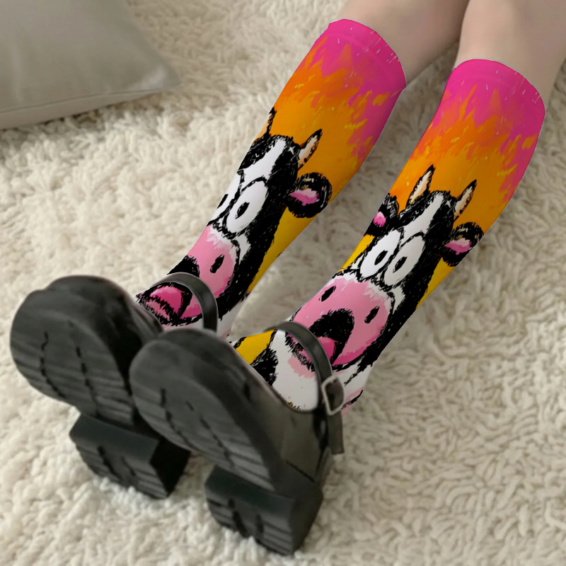 1 paar damen- -socken mit lebhaftem kuhmuster feurigem flammeneffekt-muster, dünn. vielseitig für streetwear, sommer- -socken, jk-stil- -socken, hohe feensocken oberschenkelhohe strümpfe