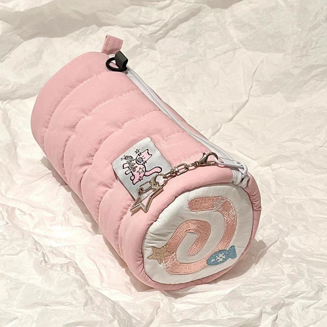 TEMU Ins-style Pink Cylinder Pencil Case - Cute Cat Embroidery With Star Charm, Fluffy And Soft Large-capacity Stationery Organizer, Girly Portable
