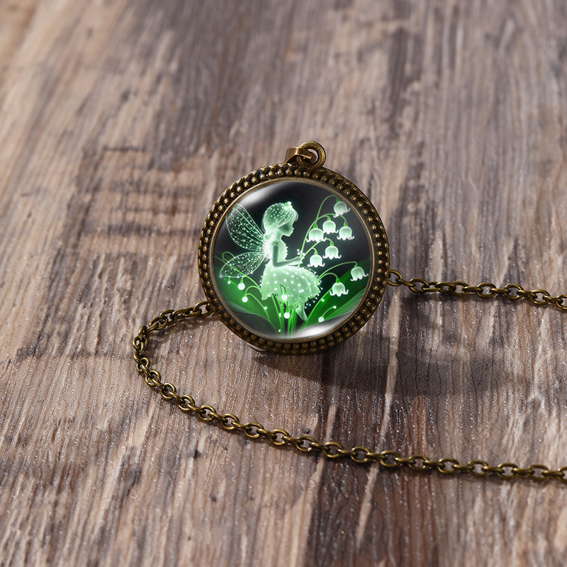 TEMU 1pc Lily Of The Valley Fairy Necklace - Handcrafted Glass Pendant - 25mm Round With Lace Border