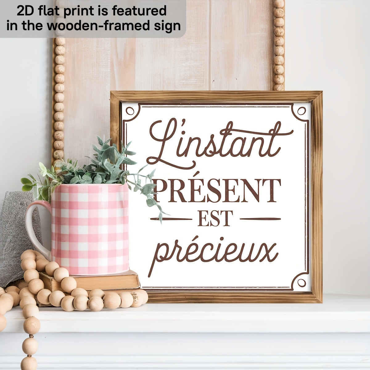 TEMU Plaque murale plate 2D, impression plate 2D, style français, encadrée en bois, avec française " Est Précieux" - Décoration de ferme vintage,