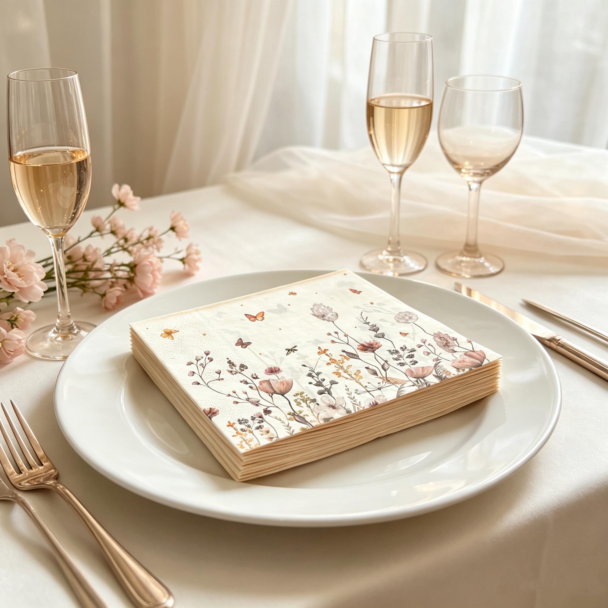 TEMU Vintage weefselservetten met aquarel bloemen van wilde bloemen & vlinders - Zacht, geschikt voor bruiloften, vrijgezellenfeesten, theekransjes,