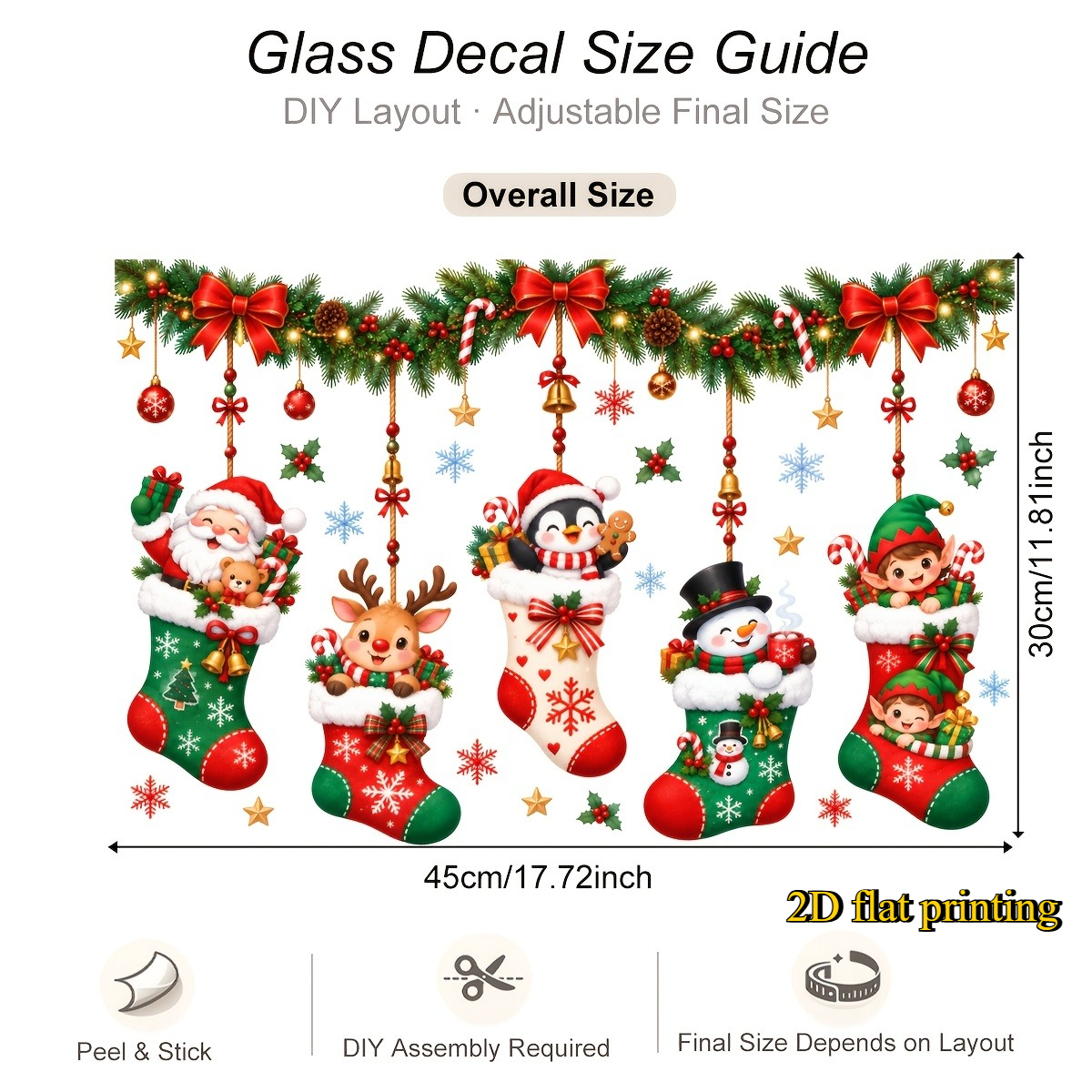 TEMU Calcomanía adherible estática para ventana de calcetín navideño, 2D, con estampado 2D, con patrones de Papá Noel, reno, , y elfo. Calcomanía de