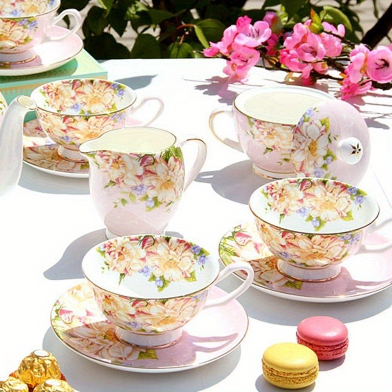 1pc vintage floral bone china tea cup and saucer set - elegant pink & golden english teacup with saucer, 7oz delicate pastel colors (pink, green, blue, yellow, white) for women s  , birthday, mother s day gift, hand wash only, dainty tableware for  , flower tea cup Product details 3