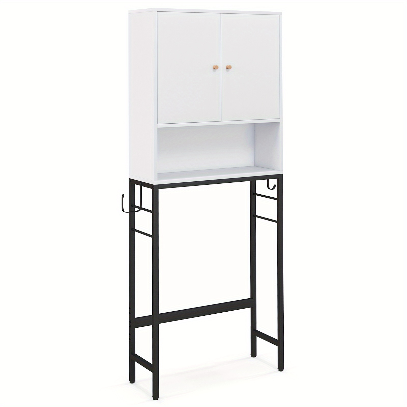 Image of Over The Toilet Storage Cabinet, Free Standing Toilet Rack W/ 2 Doors, Adjustable Shelf, Adjustable Bottom Bar, For Bathroom, Laundry Room, White, Shelves