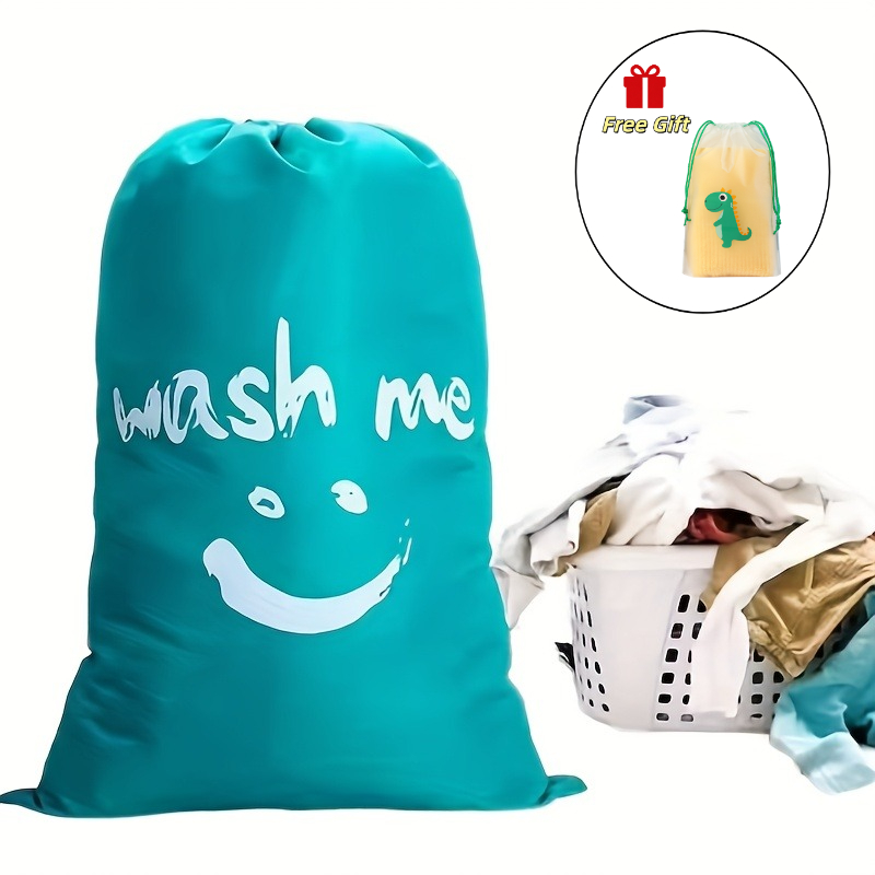 TEMU Large Drawstring Laundry Bag - Durable Polyester Fiber, Includes 1 Cute Dragon Drawstring Pouch With A Happy Face And "" Label, Oval And