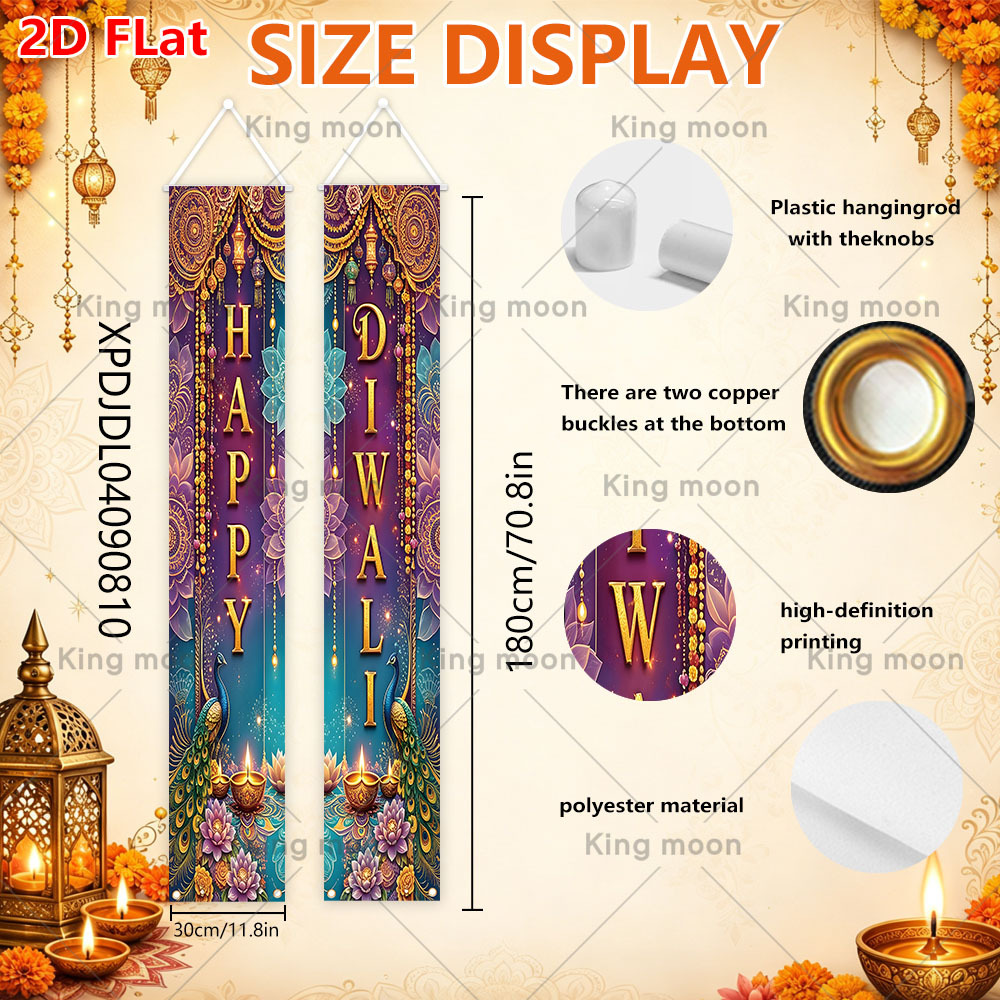 TEMU 2d Flat, 2d Flat Banner 2pcs, Diwali Party Decor Porch Banner, Material, 30x180cm, Pearooster Pattern, Purple & Blue Mandala, Glowing Diyas And