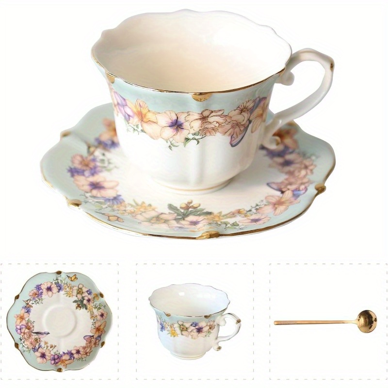   floral porcelain tea cup and saucer set with spoon   6 4oz set of 1 teal tea espresso coffee cups 1 teal Product details 0