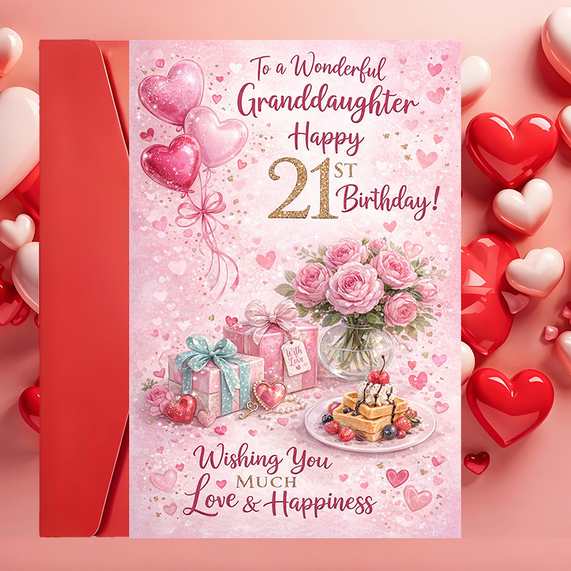 TEMU A Stylish Birthday Card For A Granddaughter's 21st Birthday, Featuring Pink Roses, Hearts, And A Gift Design, Ideal For Commemorating Birthdays