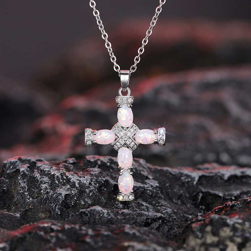Women's S925 Silver Classic Cross Pendant Necklace with Synthetic Opal
