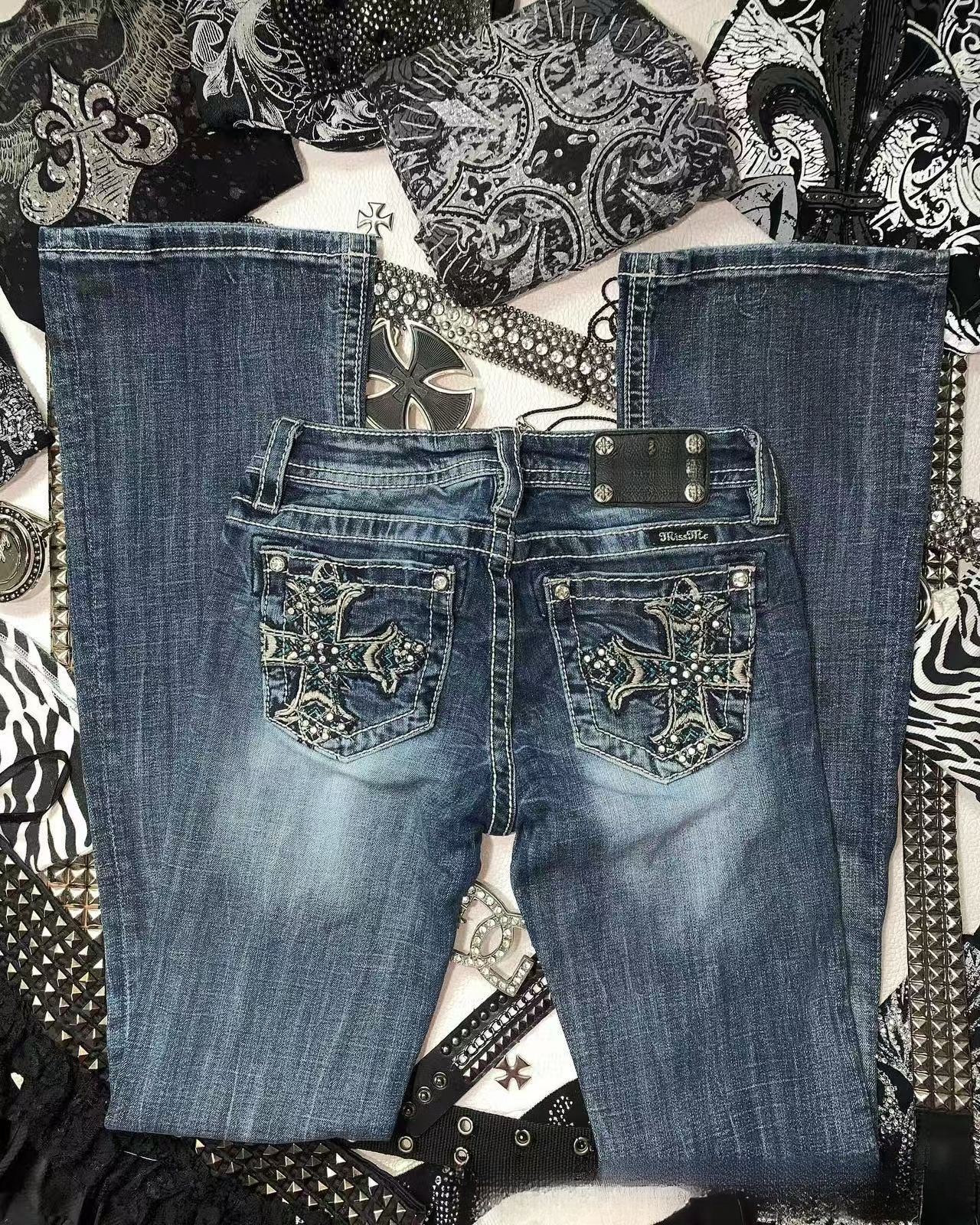 Vintage Y2K Blue Faux Denim Faux Denim, Rhinestone Cross Pocket Low Waist Flare Pants