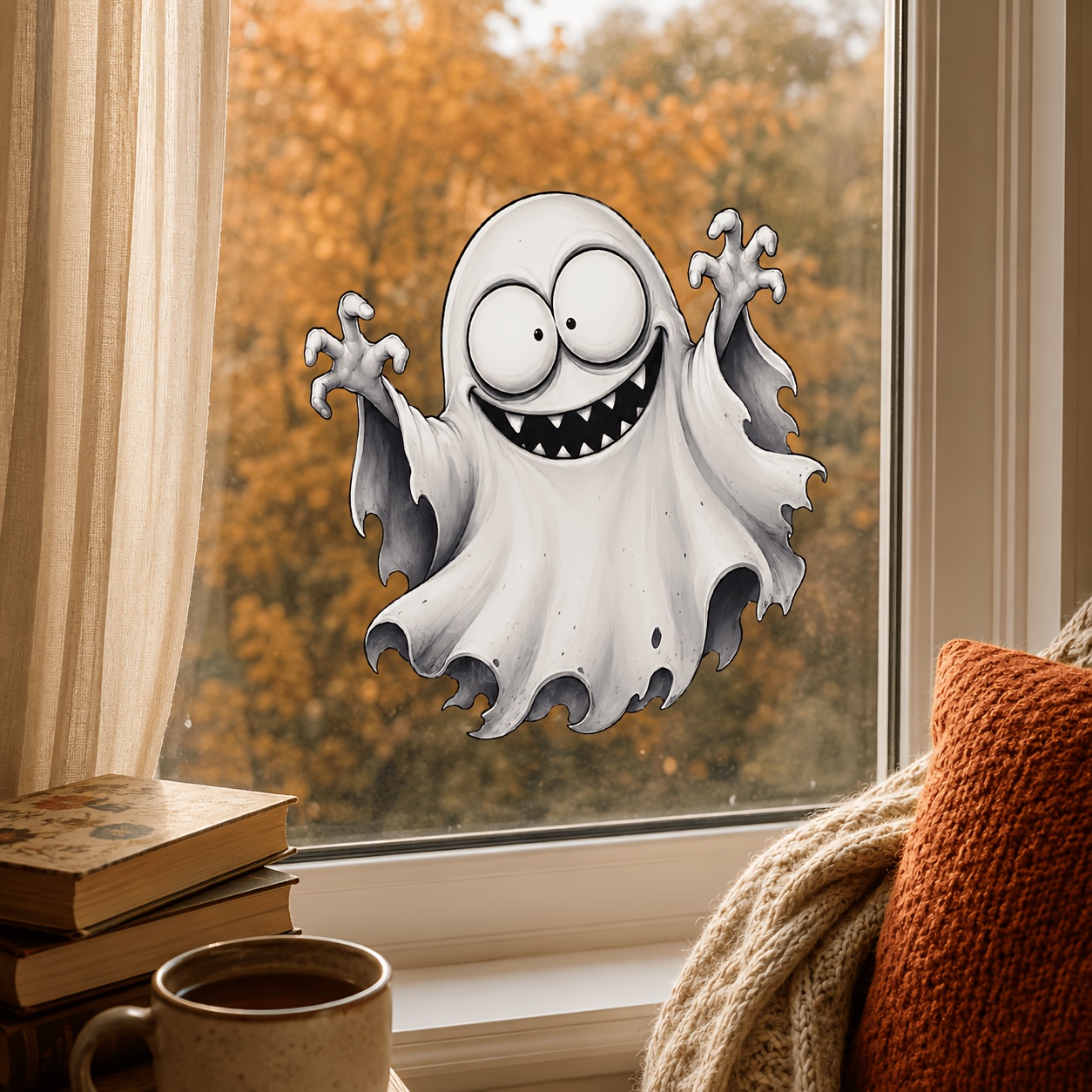 TEMU 1pc Halloween White With Big Cling, Creative Holiday Decoration Party Setup Glass Sticker, Self-adhesive Window Decal, Whimsical Themed Glass