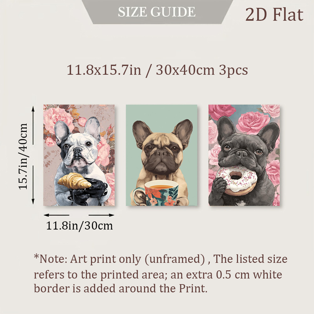 TEMU 3pcs French Bulldog Canvas Paintings | Croissant Art Prints, Wall Arts, Floral Background Wall Decor Poster, Modern Wall Art, Retro Decorations