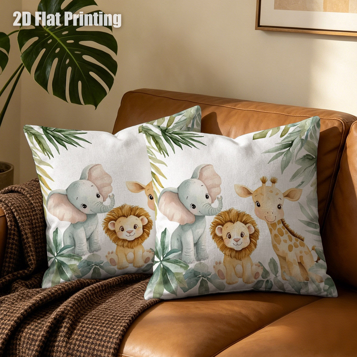 TEMU 2d Flat 2pcs Watercolor Cute Jungle For Animals Cushion Covers, Double Prints Adorable Elephant Lion Giraffe, For , Stylish Living Room,