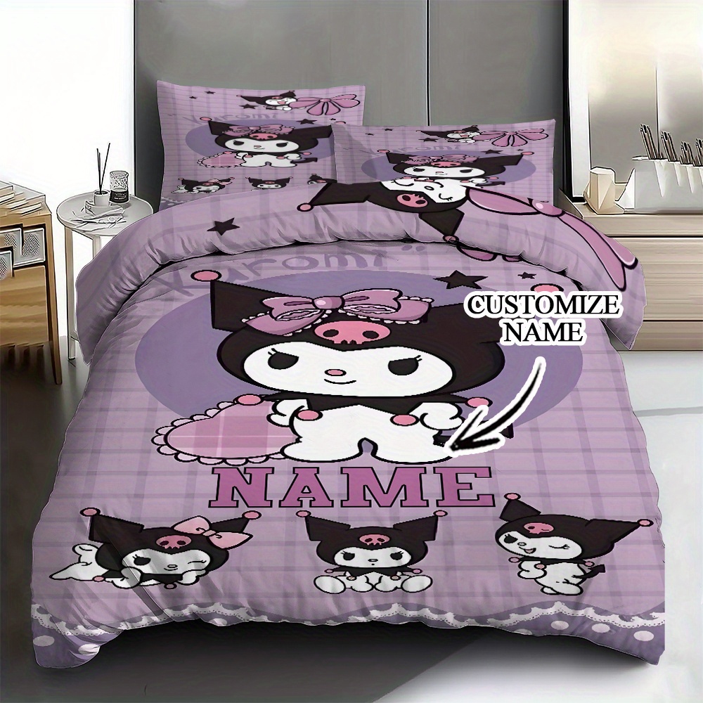 

Personalize : Sanrio Kuromi 3pcs Bedding Set - Custom Name, Polyester Duvet Cover & Pillowcases, Purple With Stars, Zip Closure, Machine Washable - Ideal For Bedroom & Camping, Sanrio