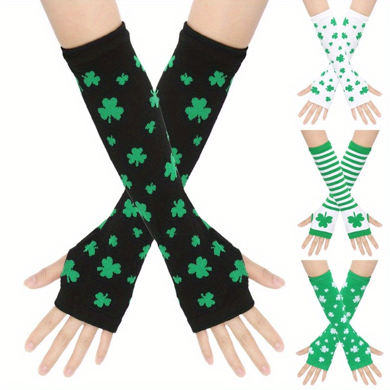 

Pair Of Irish Fingerless Gloves, Unisex Half-finger Warm Gloves, Polyester Knit, Decorative & , With Jacquard For 's Day Festival, Hand Washable