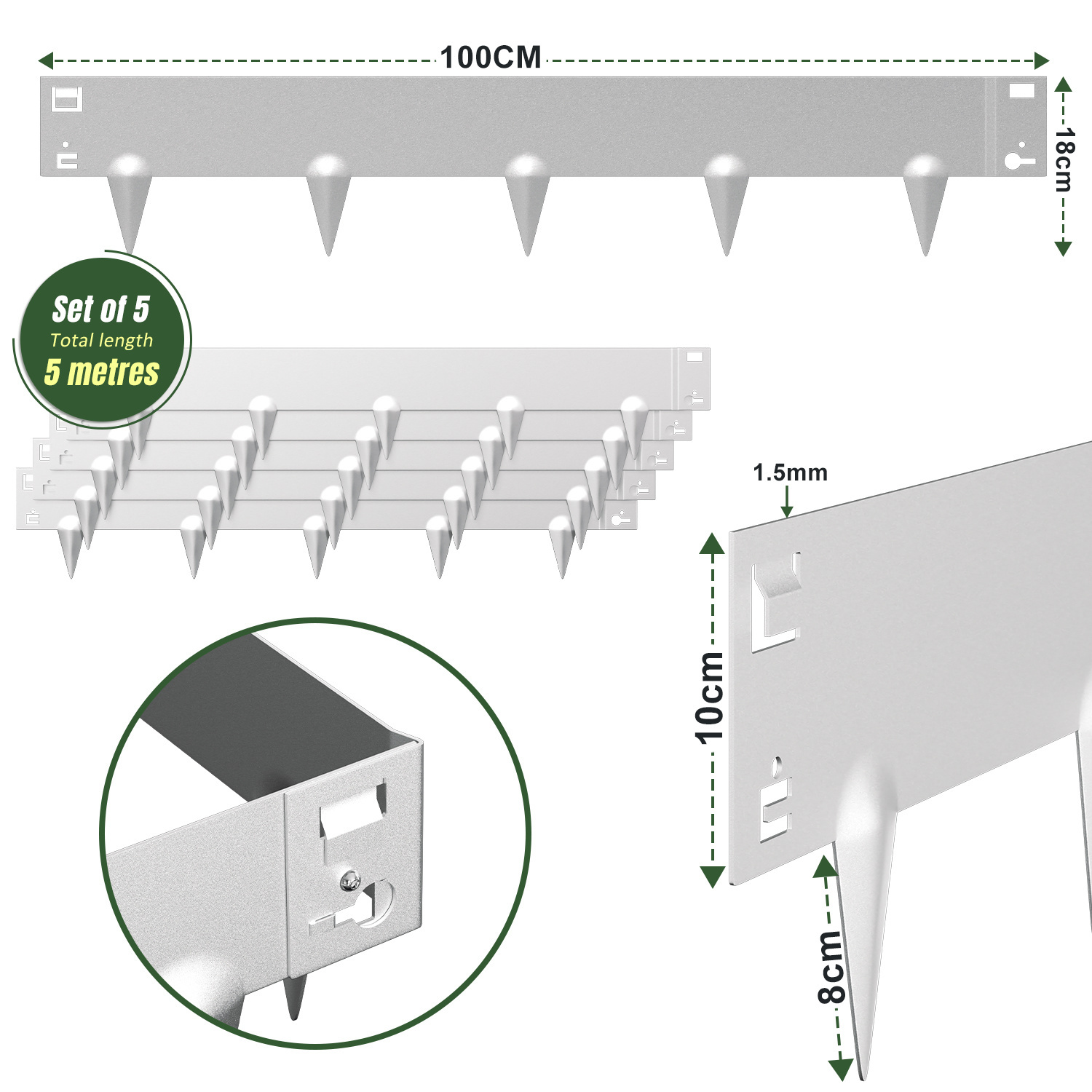 Lawn Edging With Spikes 5-10m Metal Goods Roll Plants Snail Defence Metal Galvanized Path Edging Bed Edging Thickness 0.8mm Mowing Edge Durable Steel 15cm/18cm
