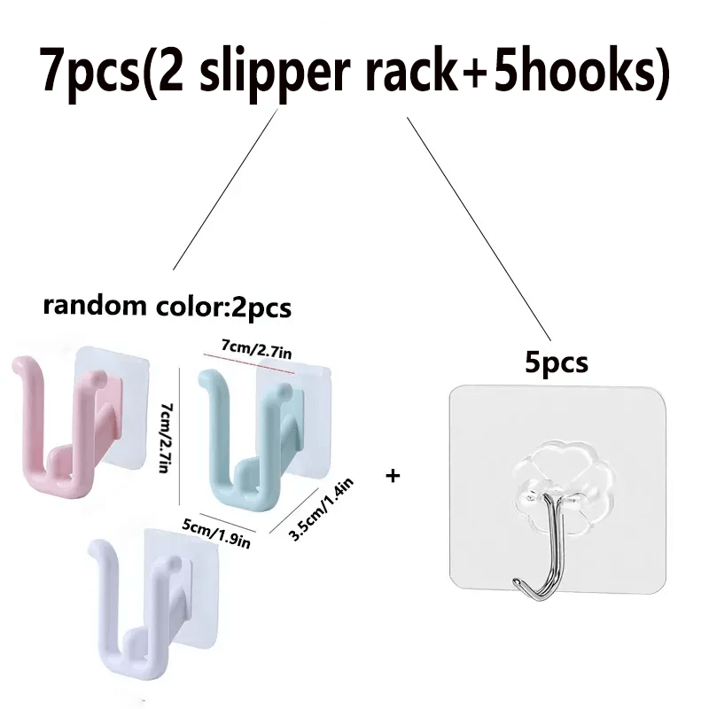 TEMU 2026 New 7pcs Set Colorful Self-adhesive Slipper Rack | 2 Shoe Racks + 5 Hooks Waterproof Wall-mounted Storage | Space-saving Organizer For