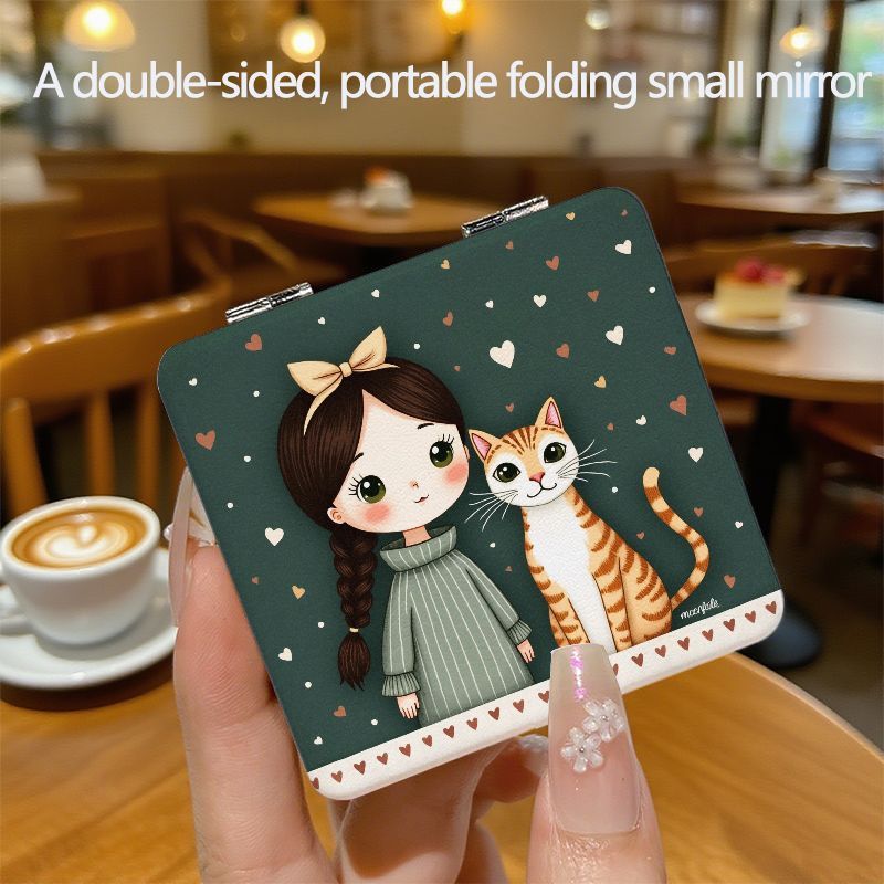 TEMU Espejo Plegable Portátil de Niña y Gato de Dibujos Animados - Espejo de Maquillaje Compacto de Cara, Espejo de Bolsillo, Espejo de Viaje, Regalo